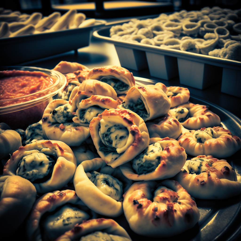 a plate of pizza rolls with salsa dip