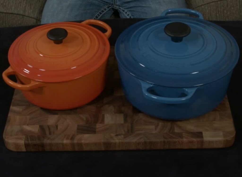 Orange and Blue Le Creuset Dutch Ovens